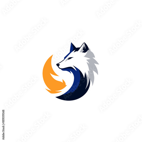 Abstract stylized fox head logo icon. Modern wild animal illustration with white, blue, and orange colors in a dynamic circular shape.