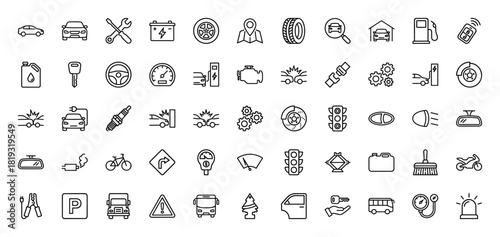 Automotive line icon set. Vector pictograms of car, tire, battery, tools, engine, crash, traffic light, fuel pump, and electric charging, thin linear illustration.