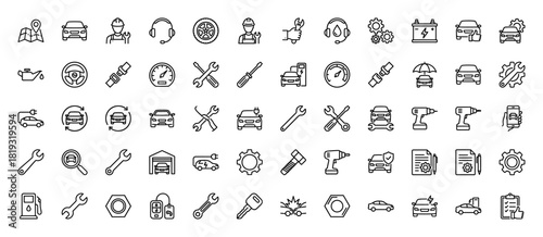 Automotive service line icon set. Vector pictograms of car, wrench, mechanic, battery, wheel, speedometer, electric vehicle, repair tools, thin linear illustration.