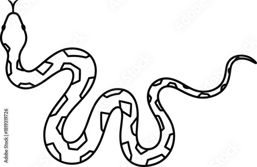 Black outline of a creeping snake with patterned skin, vector illustration isolated on white background, suitable for coloring pages and reptile logos.