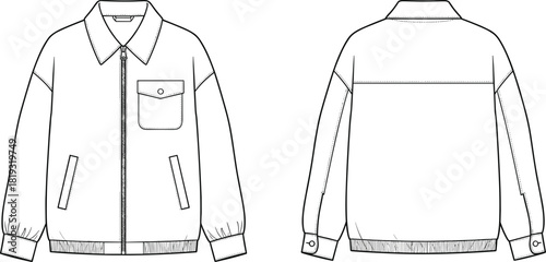 Men's harrington jacket, zipper front, drop shoulder, chest pocket, elastic hem, technical sketch, streetwear apparel template, cad drawing flat vector illustration