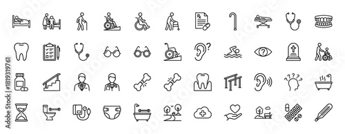 Healthcare and elderly care line icon set. Vector pictograms of patient, wheelchair, doctor, prescription, broken bone, medicine, and assistive devices, thin linear illustration.