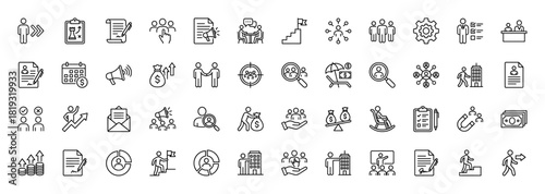 Business management and human resources line icon set. Vector pictograms of team, strategy, recruitment, finance, growth, career, planning, and communication, thin linear illustration.