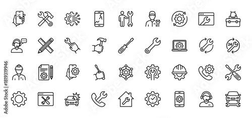 Technical support and repair line icon set. Vector pictograms of wrenches, gears, smartphones, laptops, toolboxes, customer service, cars, and building maintenance, thin linear illustration.