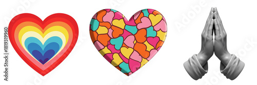 Three hearts and praying hands on a black background symbolizing love faith and hope