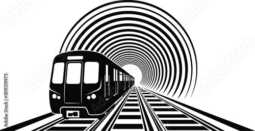 Modern subway train exiting a circular tunnel on railroad tracks, black silhouette vector illustration isolated on white background, for urban transport design.