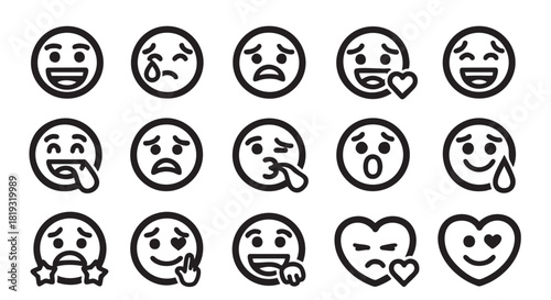 Black and white emoji icons expressing different emotions and feelings
