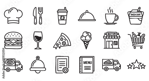 Black and White Food and Restaurant Icon Set Illustration