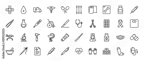 Medical healthcare thin line vector icon set, featuring essential medical equipment, supplies, and staff.