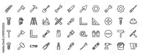 Construction and repair line icon set. Vector pictograms of hammer, wrench, saw, screwdriver, drill, hard hat, and various tools, thin linear illustration.