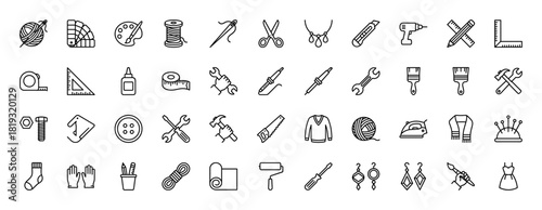 Handicraft, DIY, and workshop tools line icon set. Vector pictograms of yarn, needle, scissors, wrench, drill, paint palette, and measuring tape, thin linear illustration.