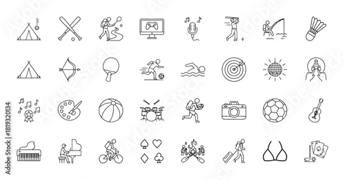 Recreation line icon set. Vector pictograms of tennis, baseball, camping, soccer, fishing, gaming, music, travel, and cycling, thin linear illustration.
