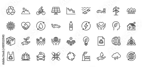 Environmental line icon set. Vector pictograms of mountains, solar panel, recycling, electric car, wind turbine, plant, globe, and factory, thin linear illustration.