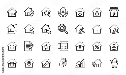 Real estate line icon set. Vector pictograms of houses, hands, magnifying glass, lock, shield, gavel, floor plan, and calculator, thin linear illustration.
