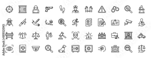 Justice and crime line icon set. Vector pictograms of hacker, police, handcuffs, footprints, fingerprint, gavel, scales, safe, surveillance, linear illustration.
