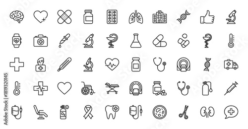 Healthcare line icon set. Vector pictograms of hospital, DNA, brain, heart, pills, band-aid, stethoscope, microscope, syringe, and ambulance, thin linear illustration.