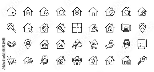 Housing line icon set. Vector pictograms of homes, search, security, location, auction, repair, floor plans, keys, solar, and smart home apps, thin linear illustration.