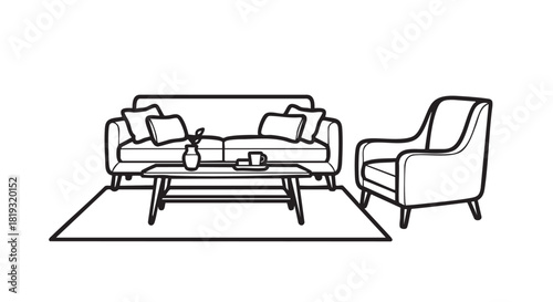 Black and white living room interior line art illustration template