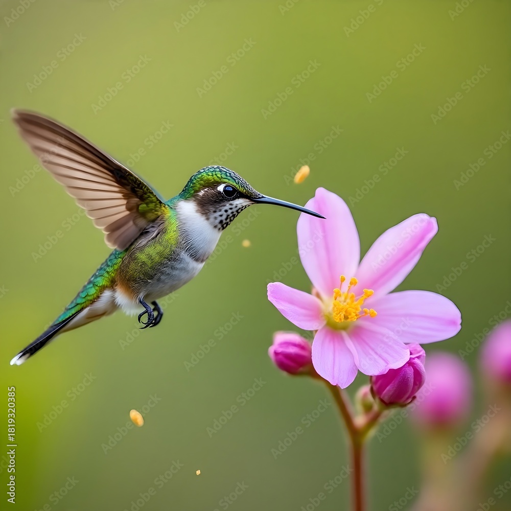 Naklejka premium High-Detail Macro Close-Up of Hummingbird Hovering Near Flower, Iridescent Feathers, Shallow Depth of Field, Natural Morning Light, Realistic Wildlife Photography
