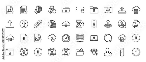 Digital data line icon set. Vector pictograms of upload, download, cloud, file, folder, mobile device, server, and network transfer, thin linear illustration.