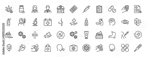 Healthcare line icon set. Vector pictograms of pharmacy, doctors, microscope, pills, syringe, virus, patient, and medical equipment, thin linear illustration.