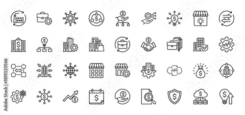 Business and finance line icon set. Vector pictograms of dollar signs, gears, buildings, lightbulbs, handshake, charts, and shopping carts, thin linear illustration.