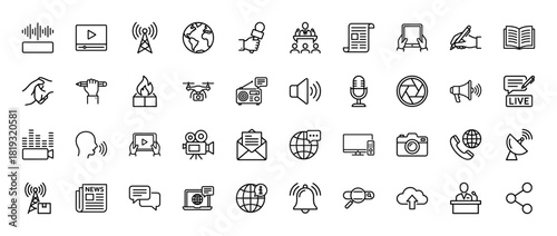 Media, news, and communication line icon set. Vector pictograms of microphone, camera, news, globe, laptop, drone, video player, radio, and satellite, thin linear illustration.
