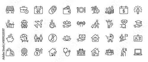 Human life and activity line icon set. Vector pictograms of travel, finance, education, health, family, business, and leisure, thin linear illustration.