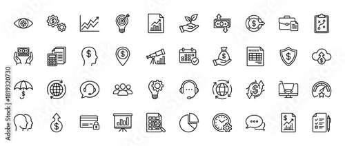 Business, finance, and marketing line icon set. Vector pictograms of strategy, growth, analysis, investment, money, and customer support, thin linear illustration.