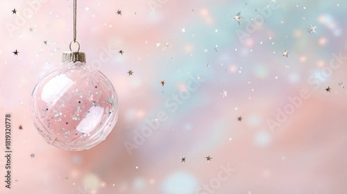 Christmas pink transparent ornament with glitter inside, hanging by golden chain, set against pastel pink blue bokeh background with star accents, ideal for festive decor, holiday card