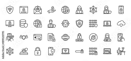 Cybersecurity line icon set. Vector pictograms of shields, padlocks, hackers, malware, data, networks, and digital devices, thin linear illustration.