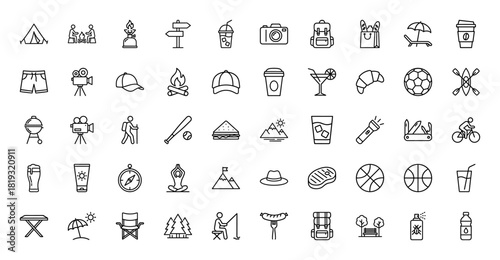 Outdoor recreation line icon set. Vector pictograms of tent, backpack, campfire, camera, grill, kayak, bicycle, fishing, mountains, yoga, picnic, thin linear illustration.