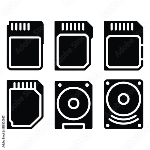 Memory storage devices isolated on white background including sd card, micro sd card, and hard drive disk icon set
