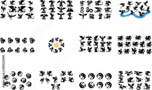 Collection of Diverse Dragon Silhouettes and Yin Yang Symbols