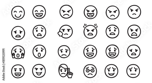 Collection of expressive emoji line icons conveying different emotions and feelings
