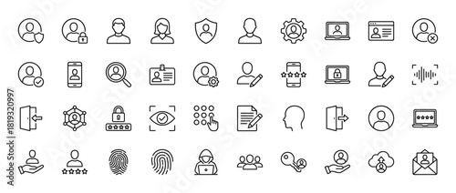 User and security line icon set. Vector pictograms of user profiles, authentication, privacy, and data management, thin linear illustration.
