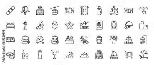 Travel and tourism line icon set. Vector pictograms of hotel, airplane, train, luggage, passport, beach, mountains, skiing, and dining activities, thin linear illustration.