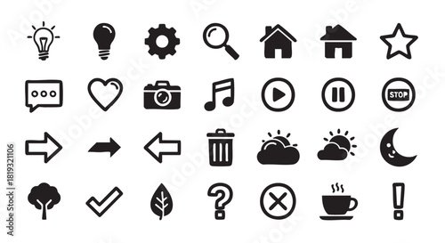 Collection of Hand Drawn Black and White Icon Set Elements