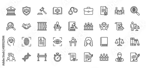 Law and justice line icon set. Vector pictograms of scales of justice, gavel, handcuffs, courthouse, lawyer, documents, fingerprint, jury, witness, camera, thin linear illustration.