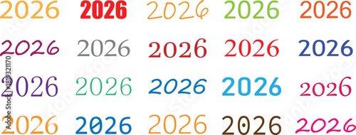 Happy New Year 2026 big set and colorful collection. calendar, invitation, greeting card, banner, poster,  flyer, banner, Vector illustration Isolated on white background. 
