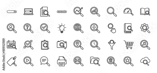 Search and utility line icon set. Vector pictograms of magnifying glass, search bars, data, documents, web, users, settings, and commerce, thin linear illustration.