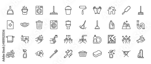Cleaning and hygiene line icon set. Vector pictograms of mop, bucket, gloves, washing machine, trash can, toilet, detergent, and broom, thin linear illustration.