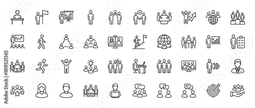 Business people line icon set. Vector pictograms of teamwork, communication, leadership, meetings, presentations, and success, thin linear illustration.