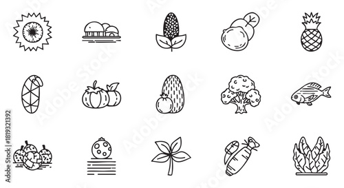 Collection of natural and organic icons in black and white style
