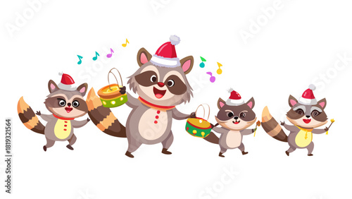 Cartoon Christmas raccoon playing a glowing drum while leading a cheerful woodland parade of animals
