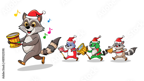 Cartoon Christmas raccoon playing a glowing drum while leading a cheerful woodland parade of animals
