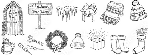 Hand drawn Christmas doodle set with cozy winter elements, vintage festive holiday illustrations, gifts, wreath, warm clothing and seasonal decorations