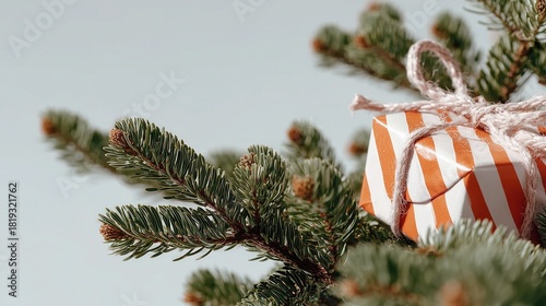 Christmas gift wrapped in orange-white stripes, tied with light string, placed on pine branch against soft blue background, ideal for holiday decor, festive design or seasonal greeting.