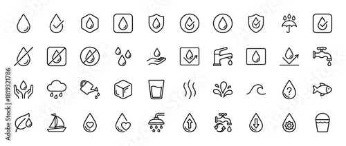 Water line icon set. Vector pictograms of drops, faucets, hands, cloud, watering can, glass, ice, fish, sailboat, and leaf, thin linear illustration.