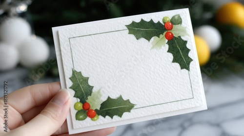 Christmas holly card with red green berries, blank white textured space, held by hand against festive decor background, ideal for holiday greeting, seasonal note or festive design.